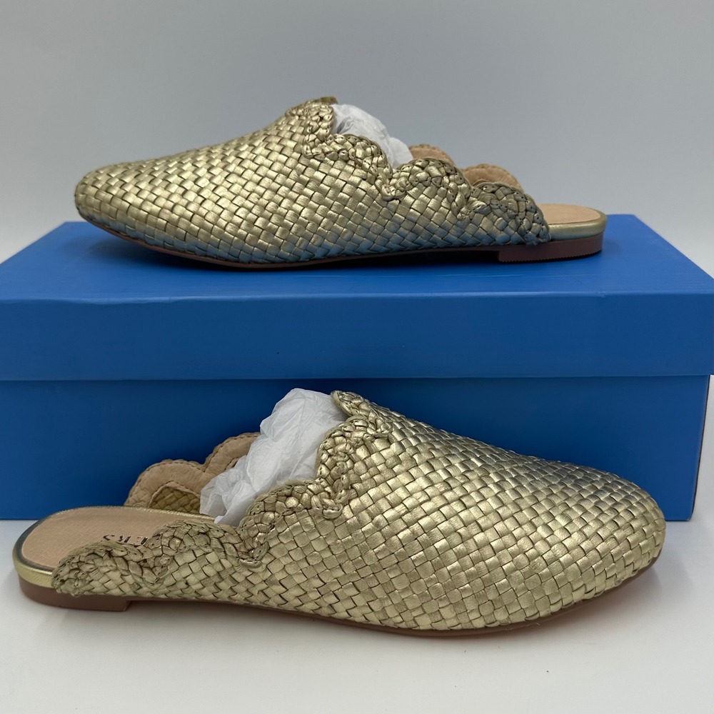 Jack Rogers Mules Womens 6 Gold Woven Scalloped Trim Slip On Flats Mules